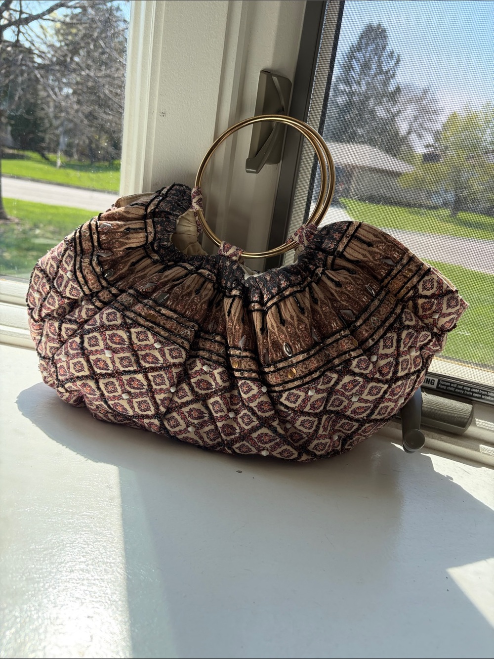 Anthropologie Quilted Ring-Handle Clutch in Brown and Cream— NEW! Never Used!